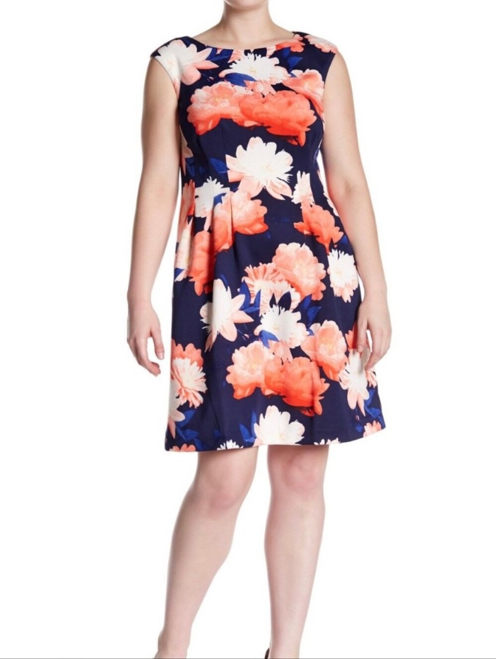 Vince Camuto Navy Floral  Dress with Coral and White Blooms Size 6